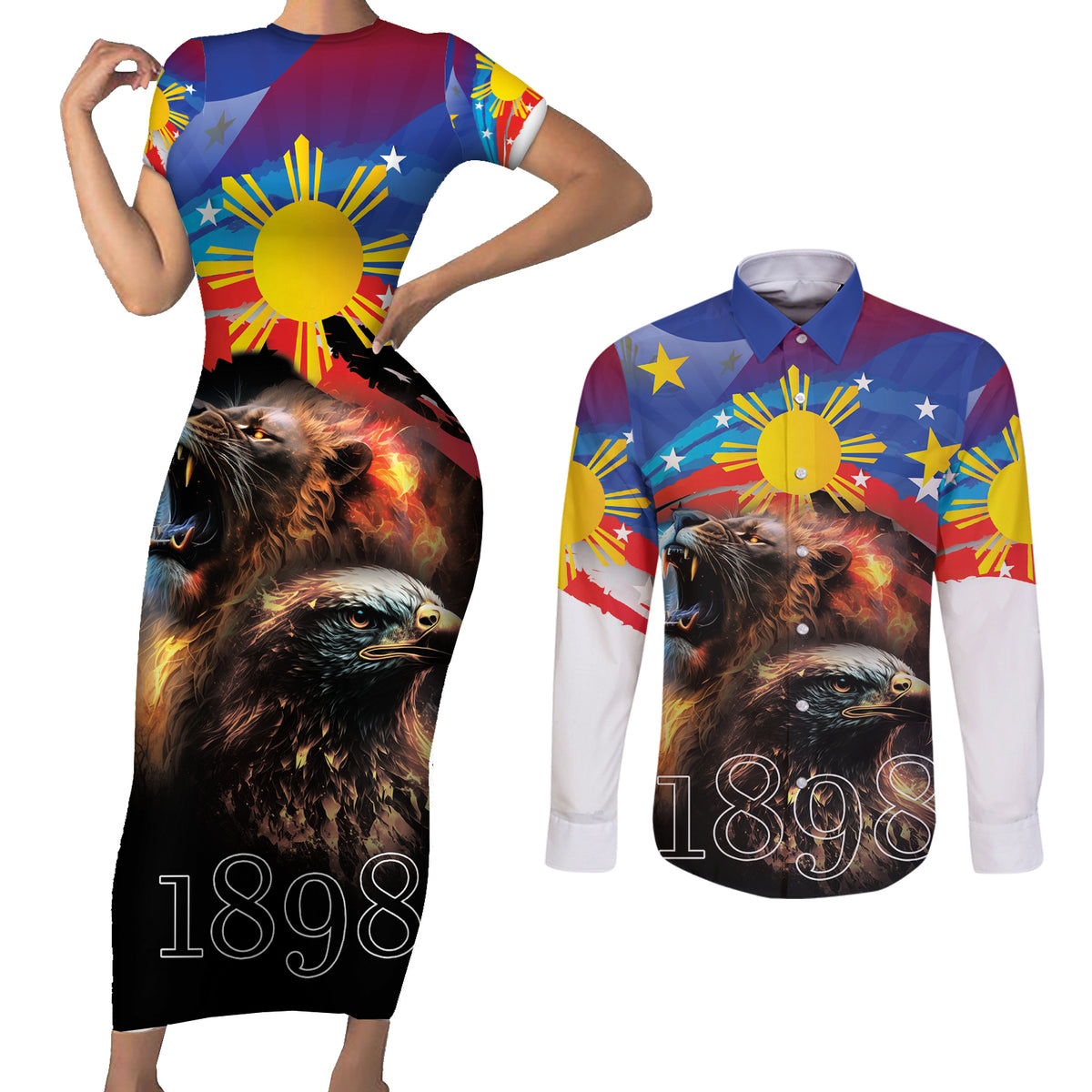 Philippines Lion and Eagle 1898 Couples Matching Short Sleeve Bodycon Dress and Long Sleeve Button Shirt Pilipinas Maligayang Araw ng Kalayaan LT9 - Wonder Print Shop