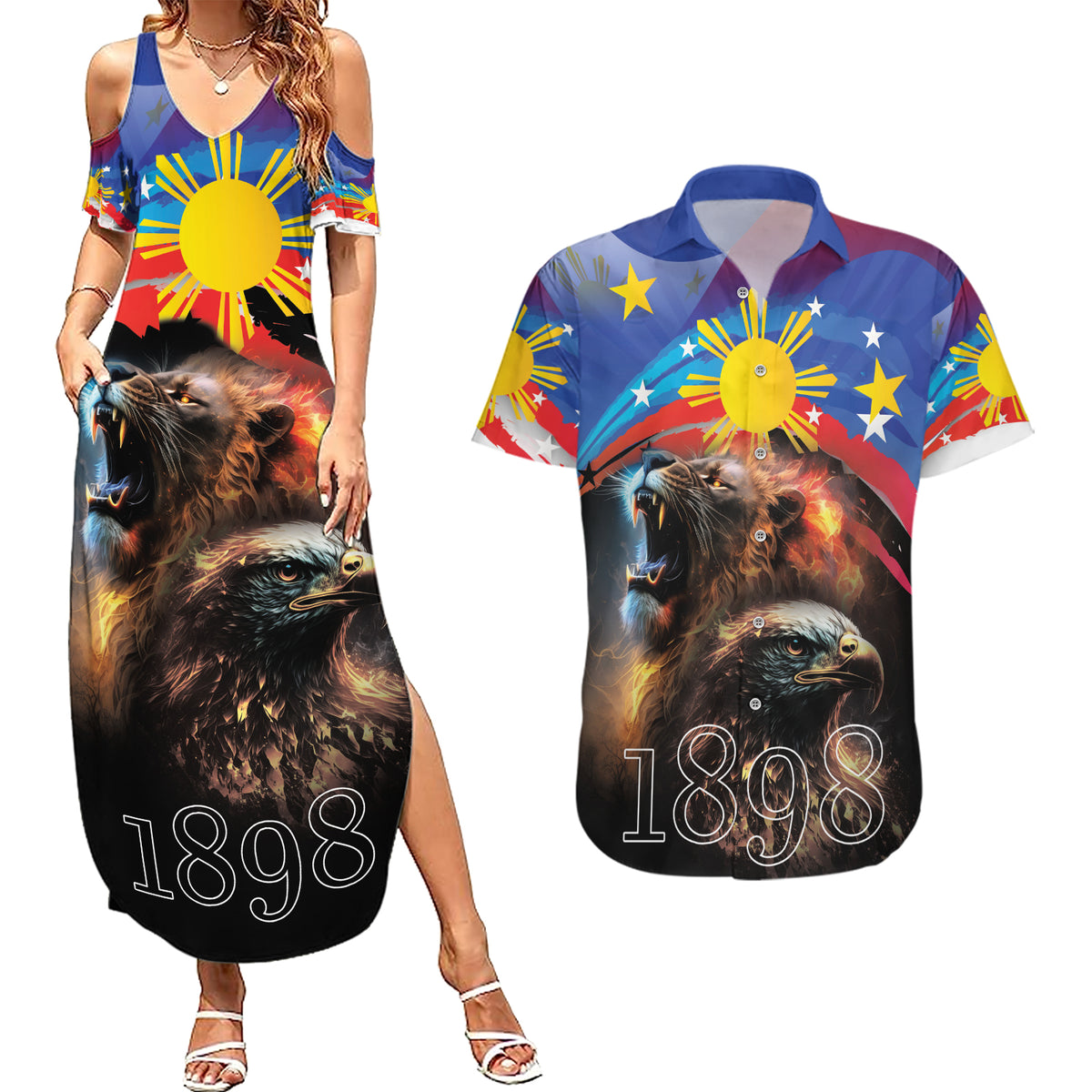 Philippines Lion and Eagle 1898 Couples Matching Summer Maxi Dress and Hawaiian Shirt Pilipinas Maligayang Araw ng Kalayaan LT9 - Wonder Print Shop