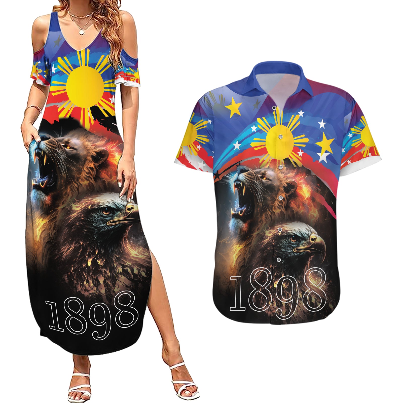 Philippines Lion and Eagle 1898 Couples Matching Summer Maxi Dress and Hawaiian Shirt Pilipinas Maligayang Araw ng Kalayaan LT9 - Wonder Print Shop