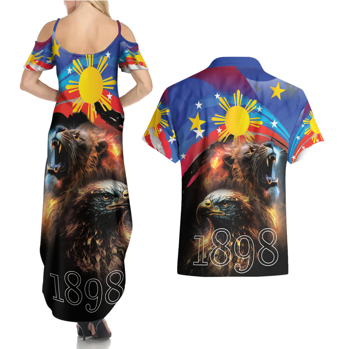 Philippines Lion and Eagle 1898 Couples Matching Summer Maxi Dress and Hawaiian Shirt Pilipinas Maligayang Araw ng Kalayaan LT9 - Wonder Print Shop