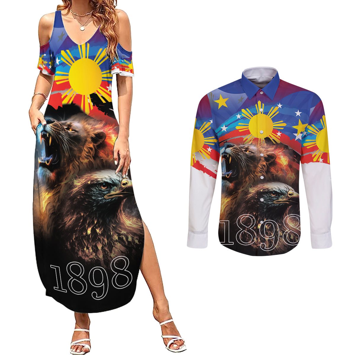 Philippines Lion and Eagle 1898 Couples Matching Summer Maxi Dress and Long Sleeve Button Shirt Pilipinas Maligayang Araw ng Kalayaan LT9 - Wonder Print Shop