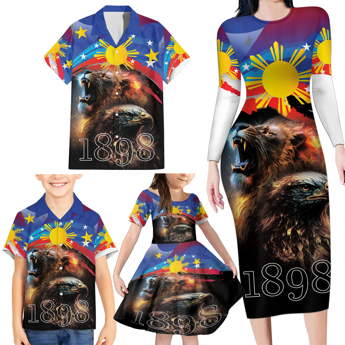 Philippines Lion and Eagle 1898 Family Matching Long Sleeve Bodycon Dress and Hawaiian Shirt Pilipinas Maligayang Araw ng Kalayaan LT9 - Wonder Print Shop
