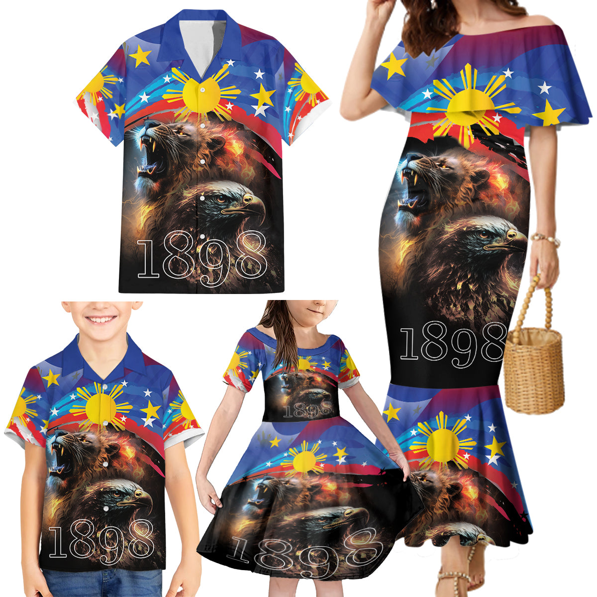 Philippines Lion and Eagle 1898 Family Matching Mermaid Dress and Hawaiian Shirt Pilipinas Maligayang Araw ng Kalayaan LT9 - Wonder Print Shop