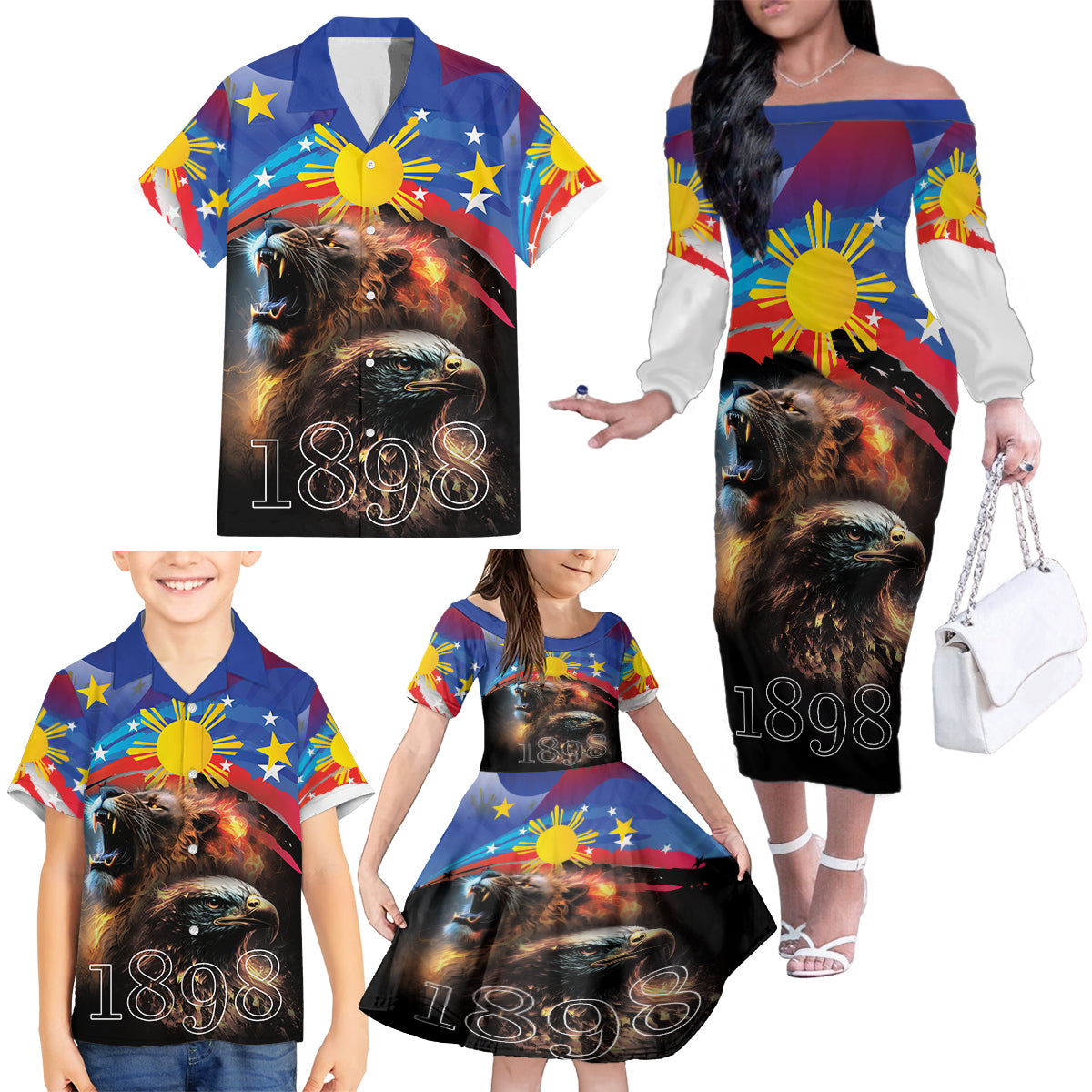 Philippines Lion and Eagle 1898 Family Matching Off The Shoulder Long Sleeve Dress and Hawaiian Shirt Pilipinas Maligayang Araw ng Kalayaan - Wonder Print Shop