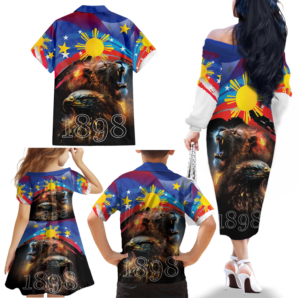 Philippines Lion and Eagle 1898 Family Matching Off The Shoulder Long Sleeve Dress and Hawaiian Shirt Pilipinas Maligayang Araw ng Kalayaan - Wonder Print Shop