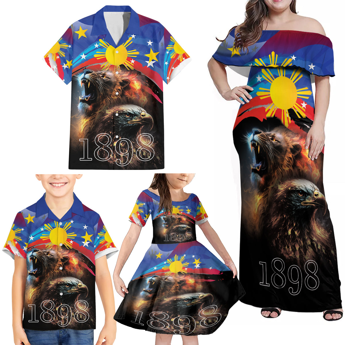 Philippines Lion and Eagle 1898 Family Matching Off Shoulder Maxi Dress and Hawaiian Shirt Pilipinas Maligayang Araw ng Kalayaan LT9 - Wonder Print Shop