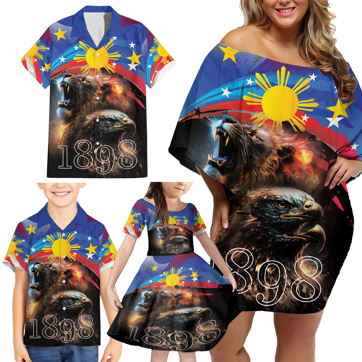 Philippines Lion and Eagle 1898 Family Matching Off Shoulder Short Dress and Hawaiian Shirt Pilipinas Maligayang Araw ng Kalayaan LT9 - Wonder Print Shop