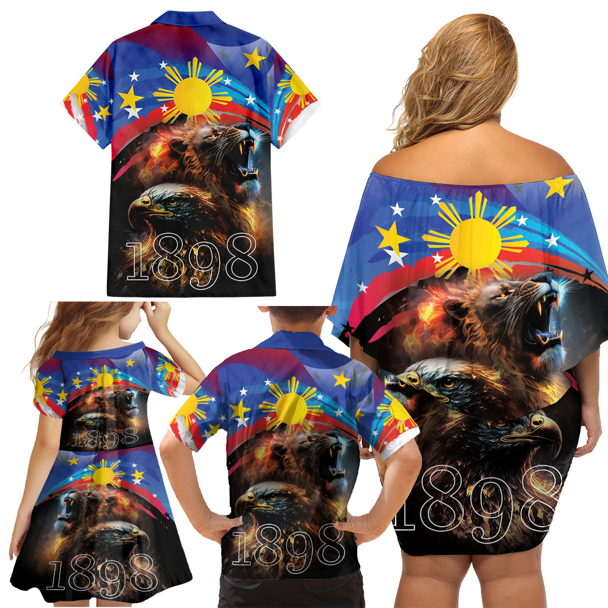 Philippines Lion and Eagle 1898 Family Matching Off Shoulder Short Dress and Hawaiian Shirt Pilipinas Maligayang Araw ng Kalayaan LT9 - Wonder Print Shop