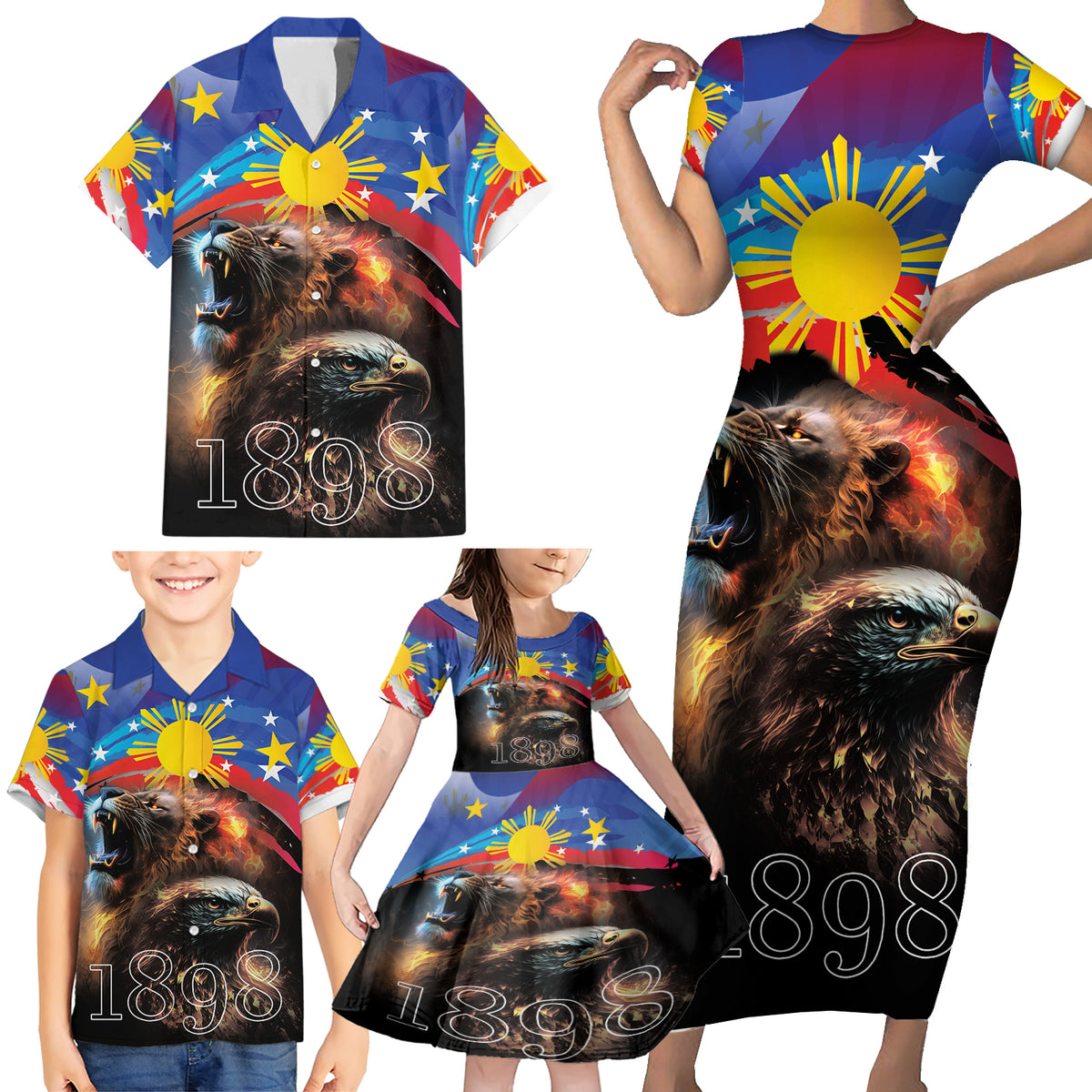 Philippines Lion and Eagle 1898 Family Matching Short Sleeve Bodycon Dress and Hawaiian Shirt Pilipinas Maligayang Araw ng Kalayaan - Wonder Print Shop
