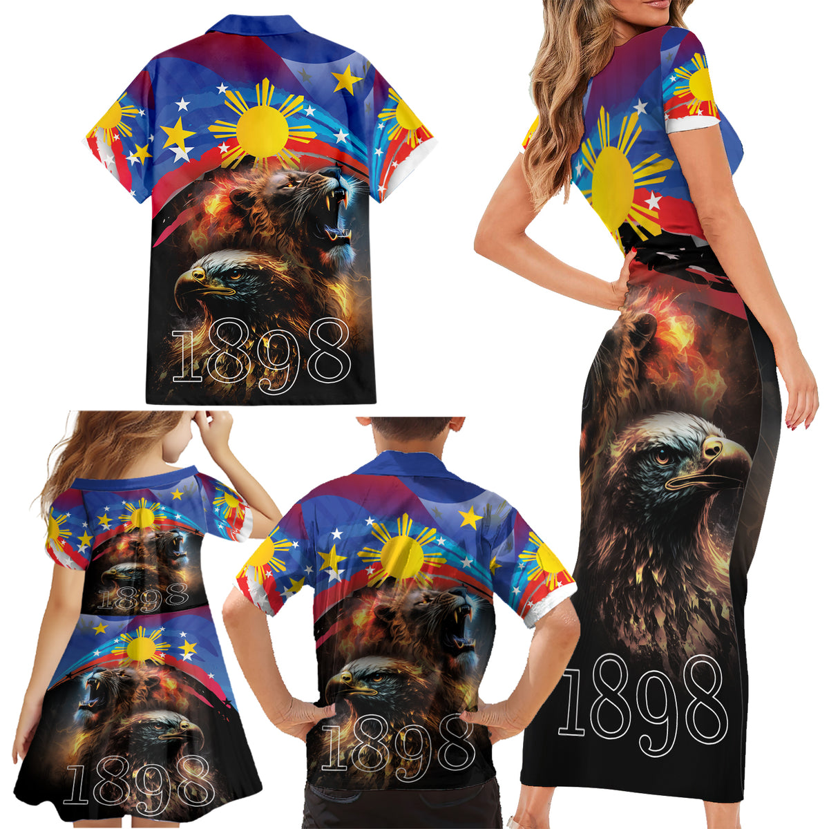 Philippines Lion and Eagle 1898 Family Matching Short Sleeve Bodycon Dress and Hawaiian Shirt Pilipinas Maligayang Araw ng Kalayaan - Wonder Print Shop