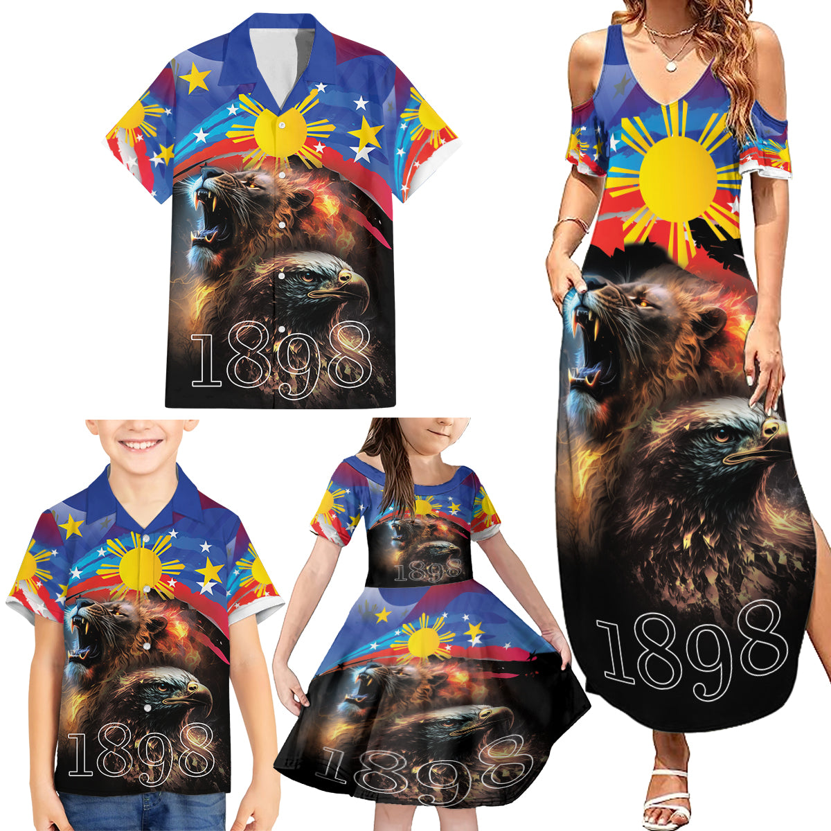 Philippines Lion and Eagle 1898 Family Matching Summer Maxi Dress and Hawaiian Shirt Pilipinas Maligayang Araw ng Kalayaan - Wonder Print Shop