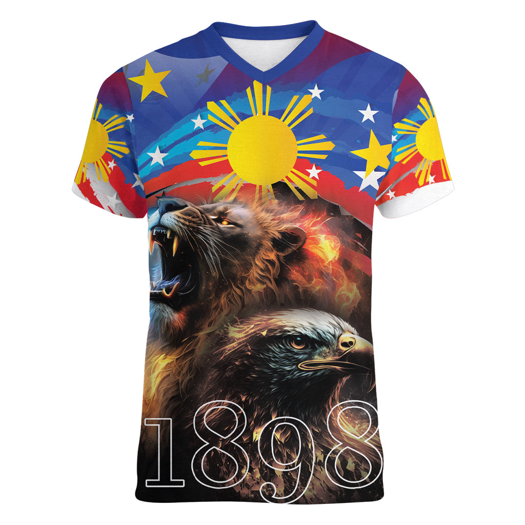 Philippines Lion and Eagle 1898 Women V-Neck T-Shirt Pilipinas Maligayang Araw ng Kalayaan - Wonder Print Shop