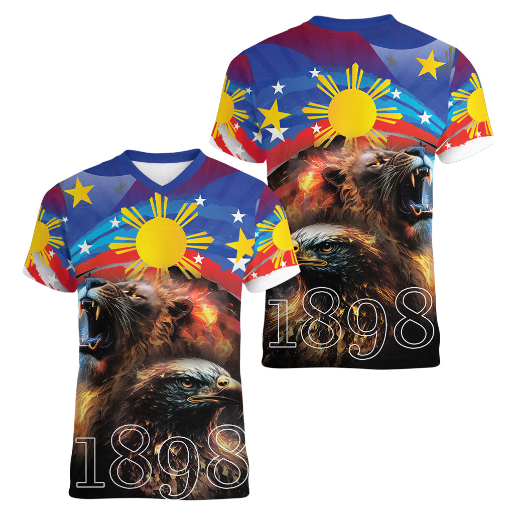 Philippines Lion and Eagle 1898 Women V-Neck T-Shirt Pilipinas Maligayang Araw ng Kalayaan - Wonder Print Shop