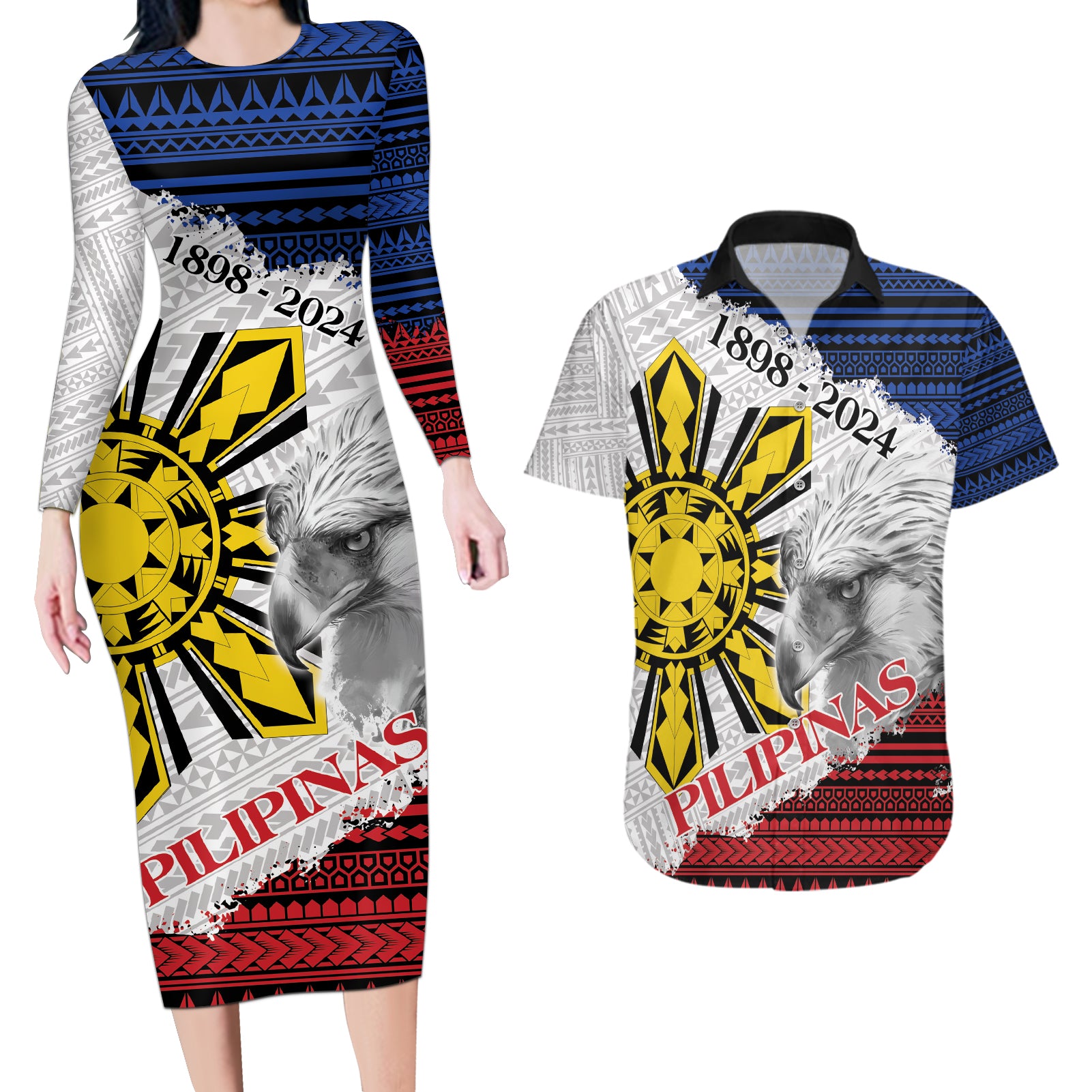 Philippines 126th Independence Day Couples Matching Long Sleeve Bodycon Dress and Hawaiian Shirt Pilipinas Hunyo 12 Maligayang Araw ng Kalayaan LT9 - Wonder Print Shop
