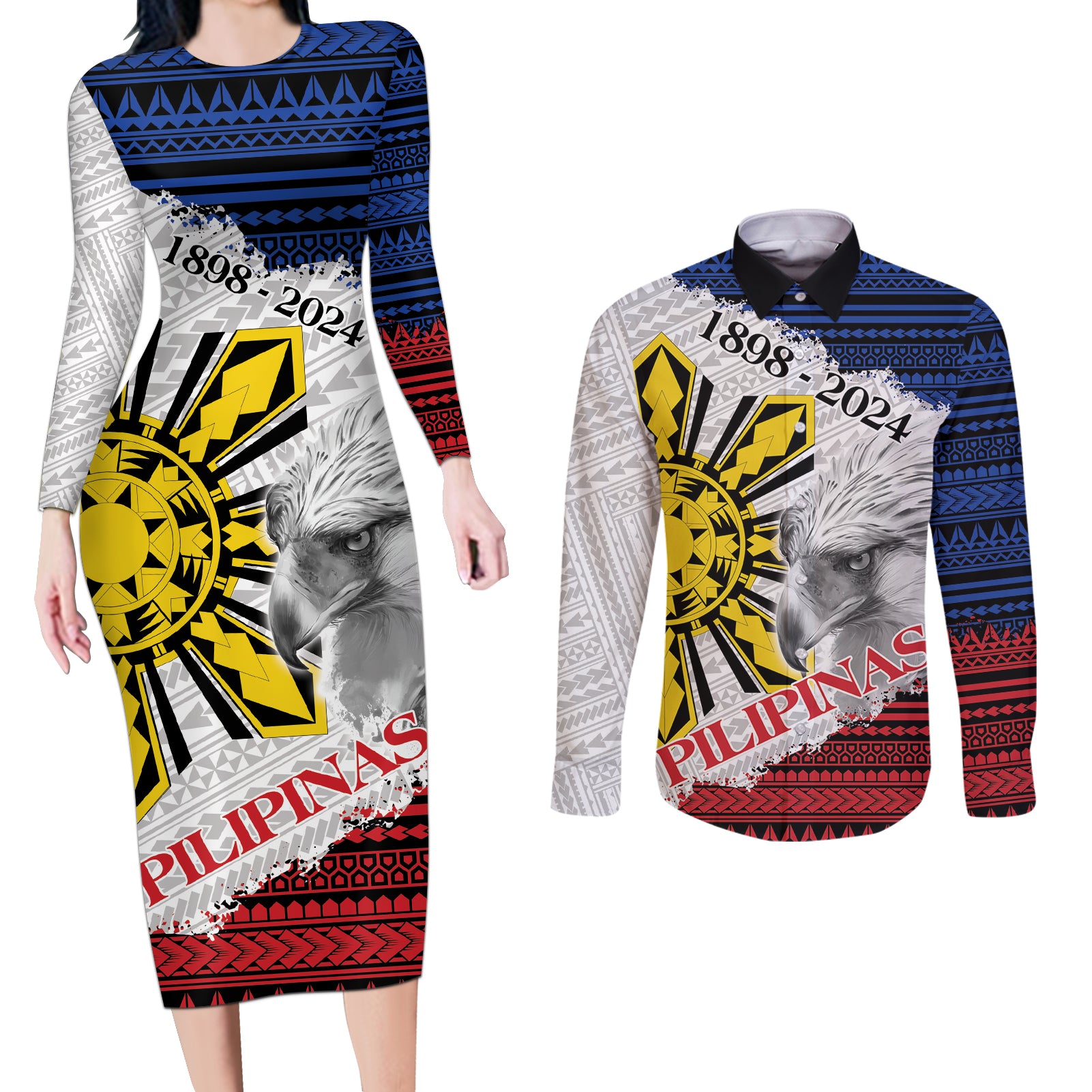 Philippines 126th Independence Day Couples Matching Long Sleeve Bodycon Dress and Long Sleeve Button Shirt Pilipinas Hunyo 12 Maligayang Araw ng Kalayaan LT9 - Wonder Print Shop
