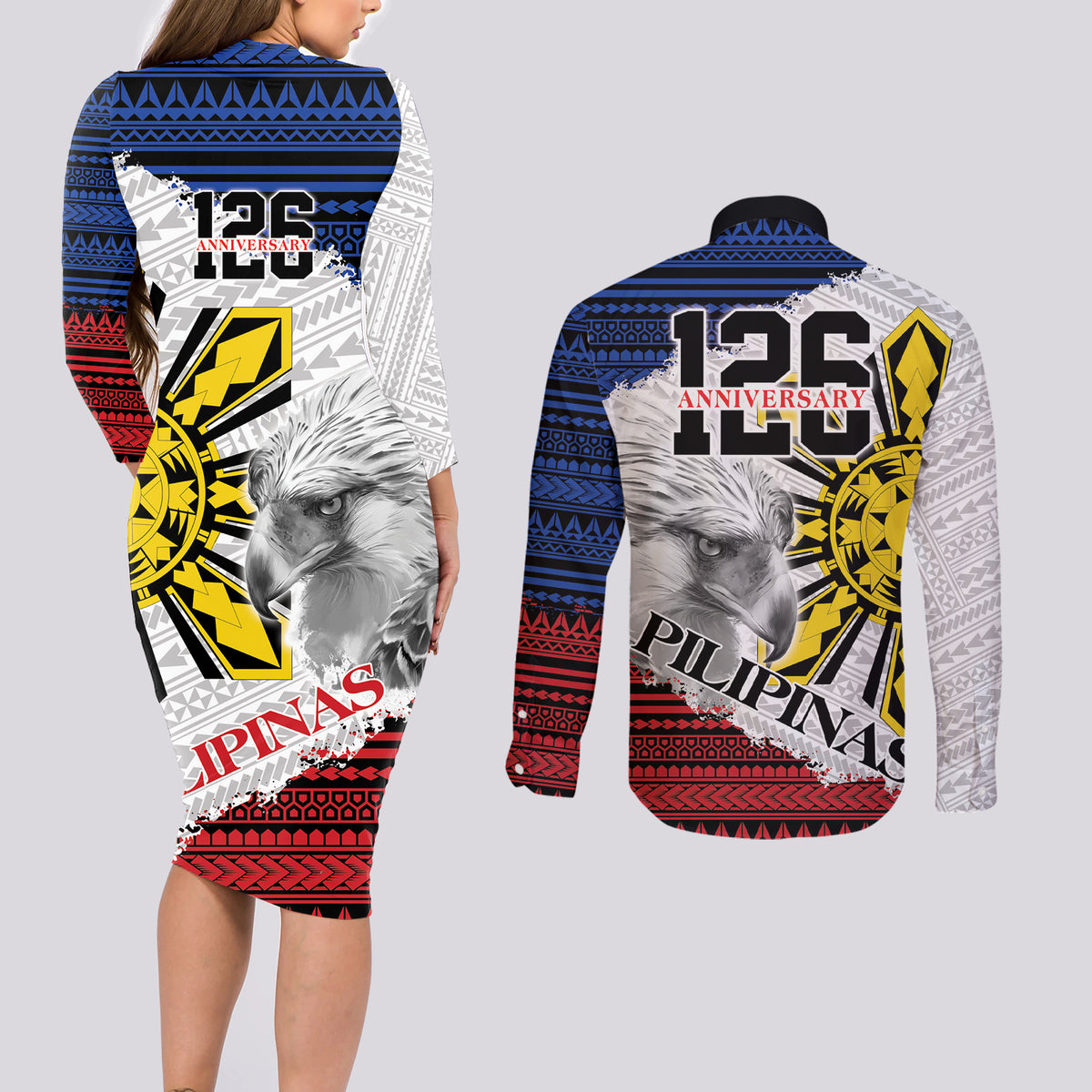 Philippines 126th Independence Day Couples Matching Long Sleeve Bodycon Dress and Long Sleeve Button Shirt Pilipinas Hunyo 12 Maligayang Araw ng Kalayaan LT9 - Wonder Print Shop