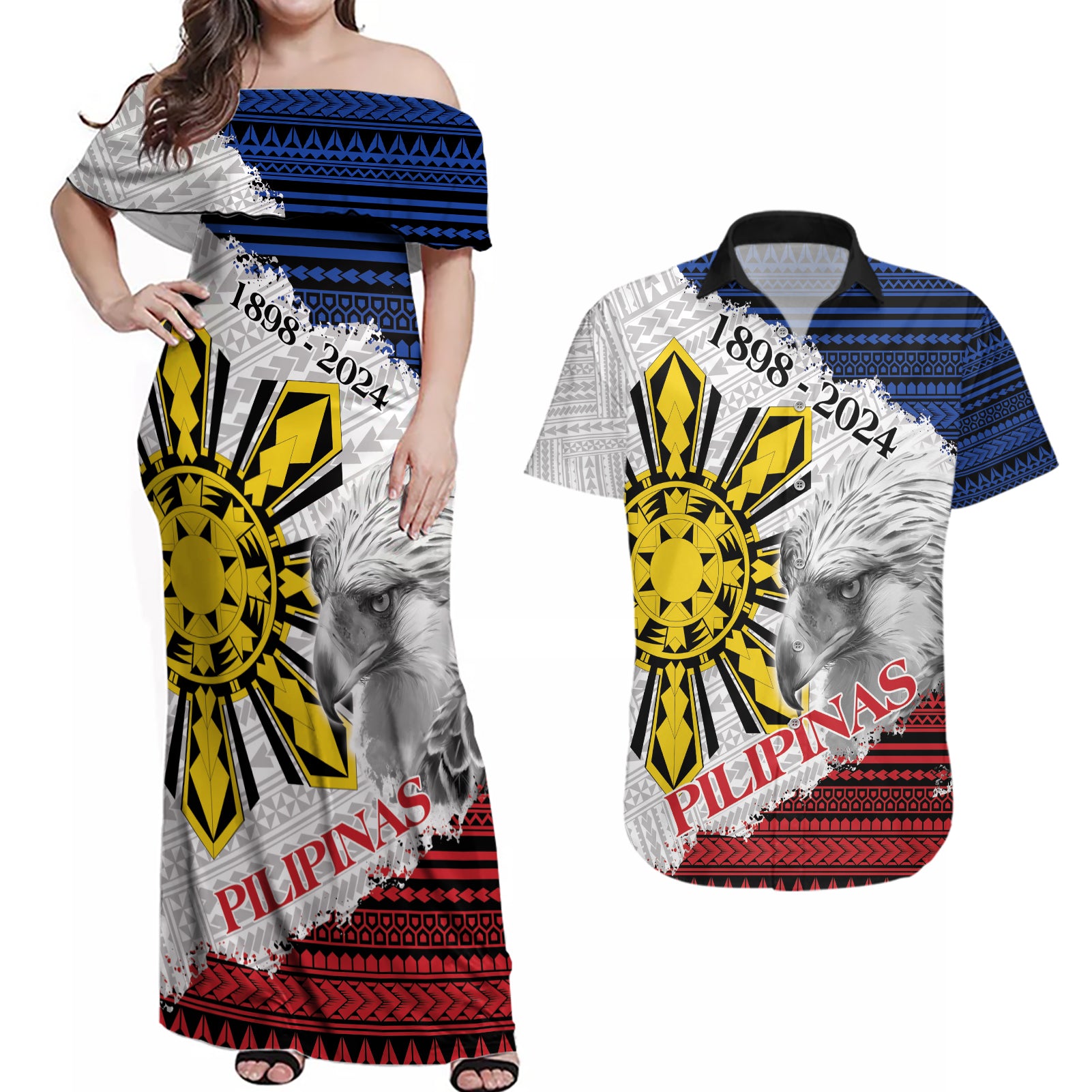 Philippines 126th Independence Day Couples Matching Off Shoulder Maxi Dress and Hawaiian Shirt Pilipinas Hunyo 12 Maligayang Araw ng Kalayaan LT9 - Wonder Print Shop