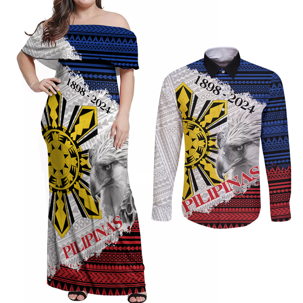 Philippines 126th Independence Day Couples Matching Off Shoulder Maxi Dress and Long Sleeve Button Shirt Pilipinas Hunyo 12 Maligayang Araw ng Kalayaan LT9 - Wonder Print Shop