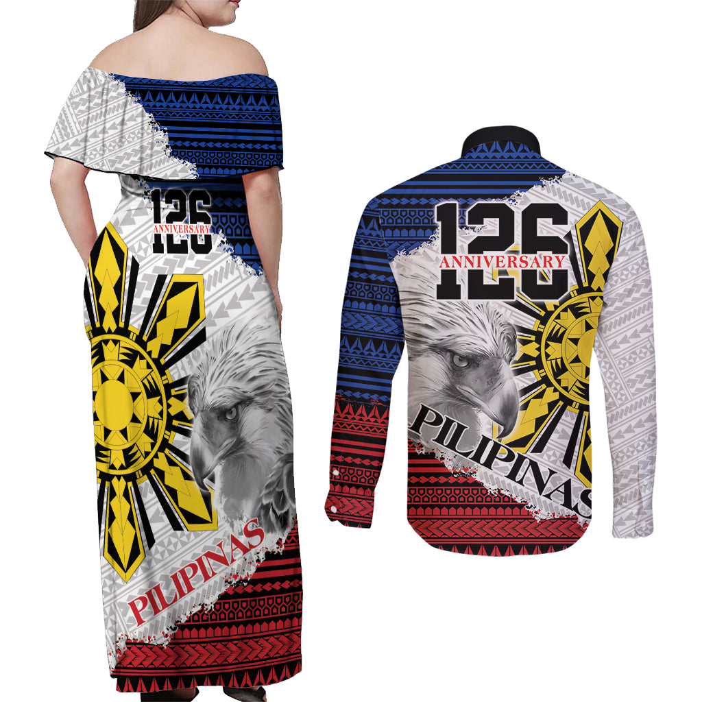 Philippines 126th Independence Day Couples Matching Off Shoulder Maxi Dress and Long Sleeve Button Shirt Pilipinas Hunyo 12 Maligayang Araw ng Kalayaan LT9 - Wonder Print Shop