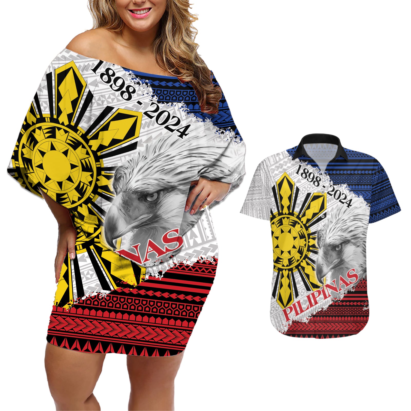Philippines 126th Independence Day Couples Matching Off Shoulder Short Dress and Hawaiian Shirt Pilipinas Hunyo 12 Maligayang Araw ng Kalayaan LT9 - Wonder Print Shop