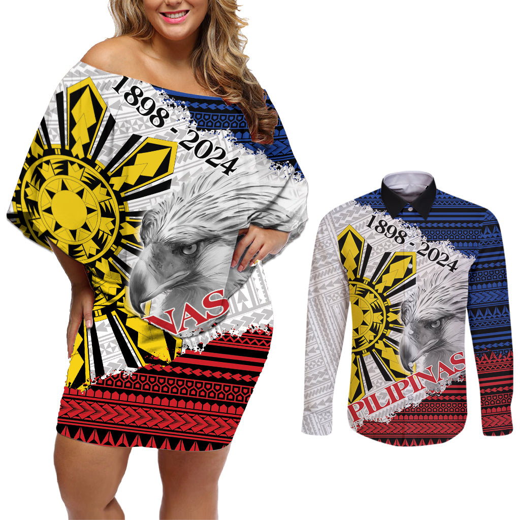 Philippines 126th Independence Day Couples Matching Off Shoulder Short Dress and Long Sleeve Button Shirt Pilipinas Hunyo 12 Maligayang Araw ng Kalayaan LT9 - Wonder Print Shop