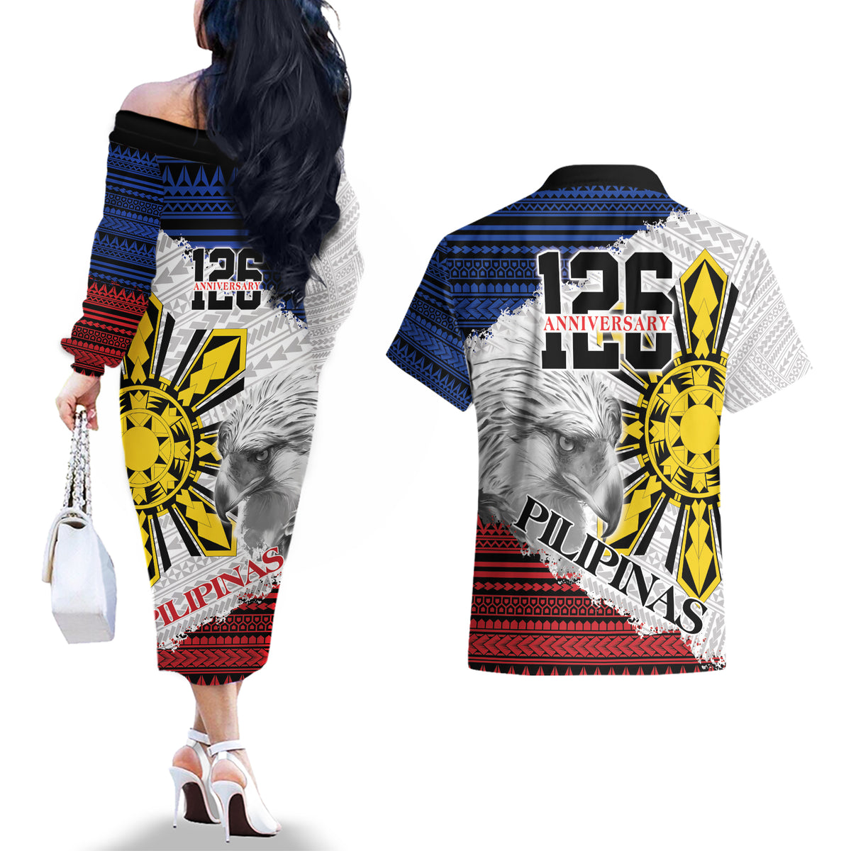 Philippines 126th Independence Day Couples Matching Off The Shoulder Long Sleeve Dress and Hawaiian Shirt Pilipinas Hunyo 12 Maligayang Araw ng Kalayaan LT9 - Wonder Print Shop