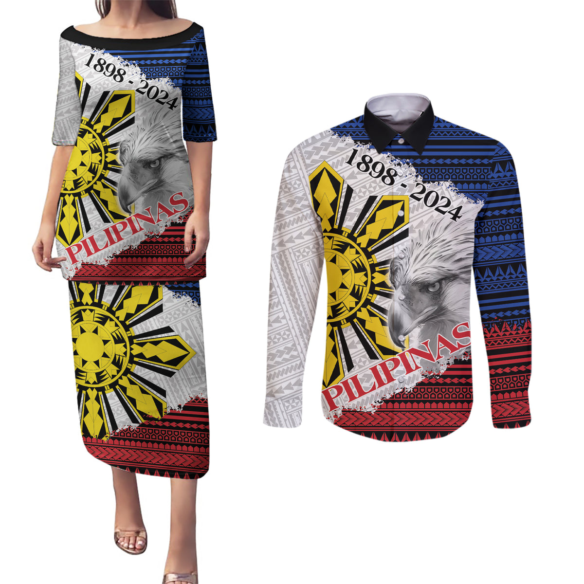 Philippines 126th Independence Day Couples Matching Puletasi and Long Sleeve Button Shirt Pilipinas Hunyo 12 Maligayang Araw ng Kalayaan LT9 - Wonder Print Shop