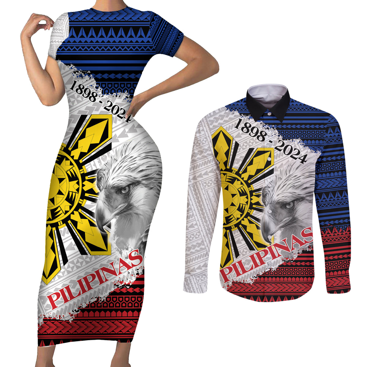 Philippines 126th Independence Day Couples Matching Short Sleeve Bodycon Dress and Long Sleeve Button Shirt Pilipinas Hunyo 12 Maligayang Araw ng Kalayaan LT9 - Wonder Print Shop