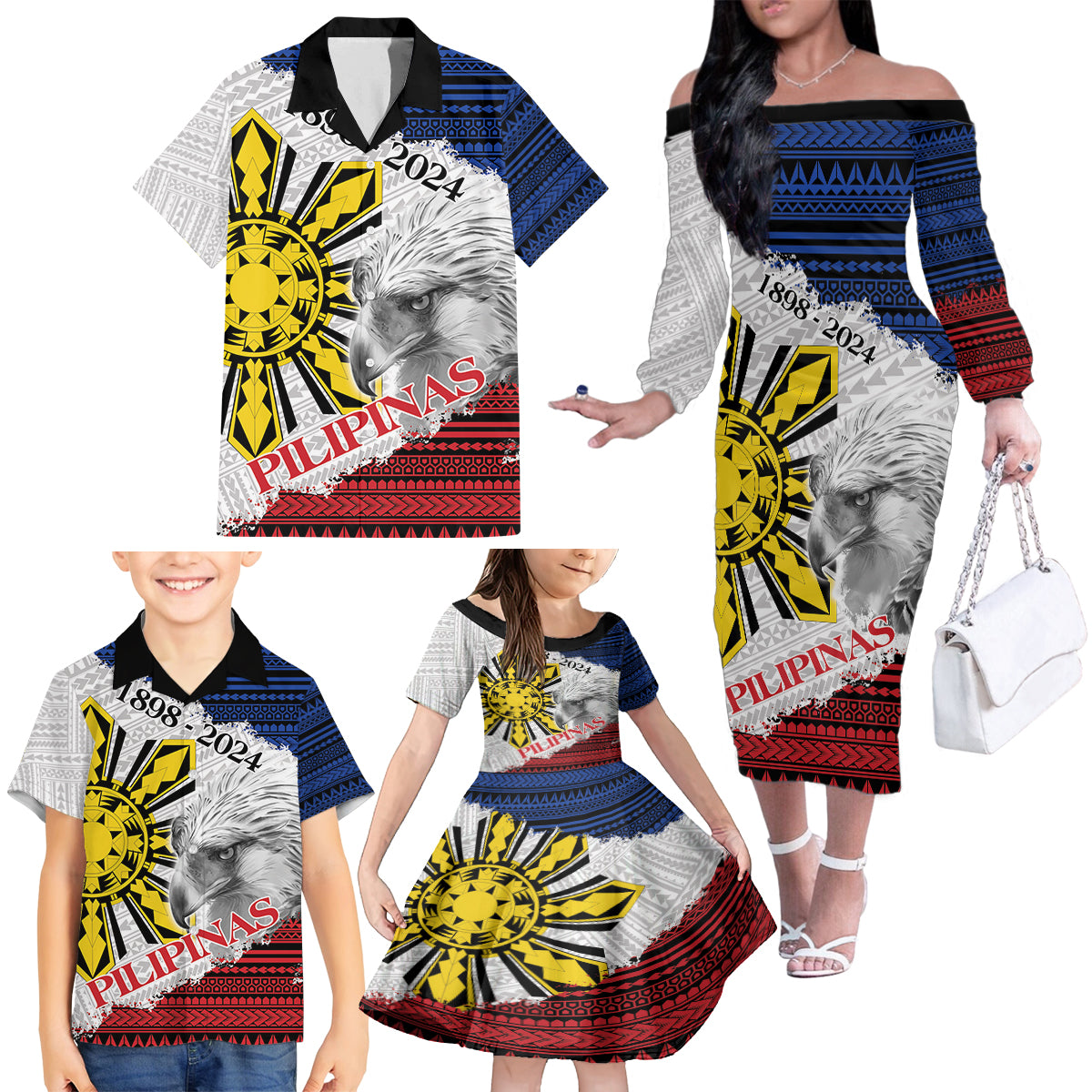 Philippines 126th Independence Day Family Matching Off The Shoulder Long Sleeve Dress and Hawaiian Shirt Pilipinas Hunyo 12 Maligayang Araw ng Kalayaan - Wonder Print Shop