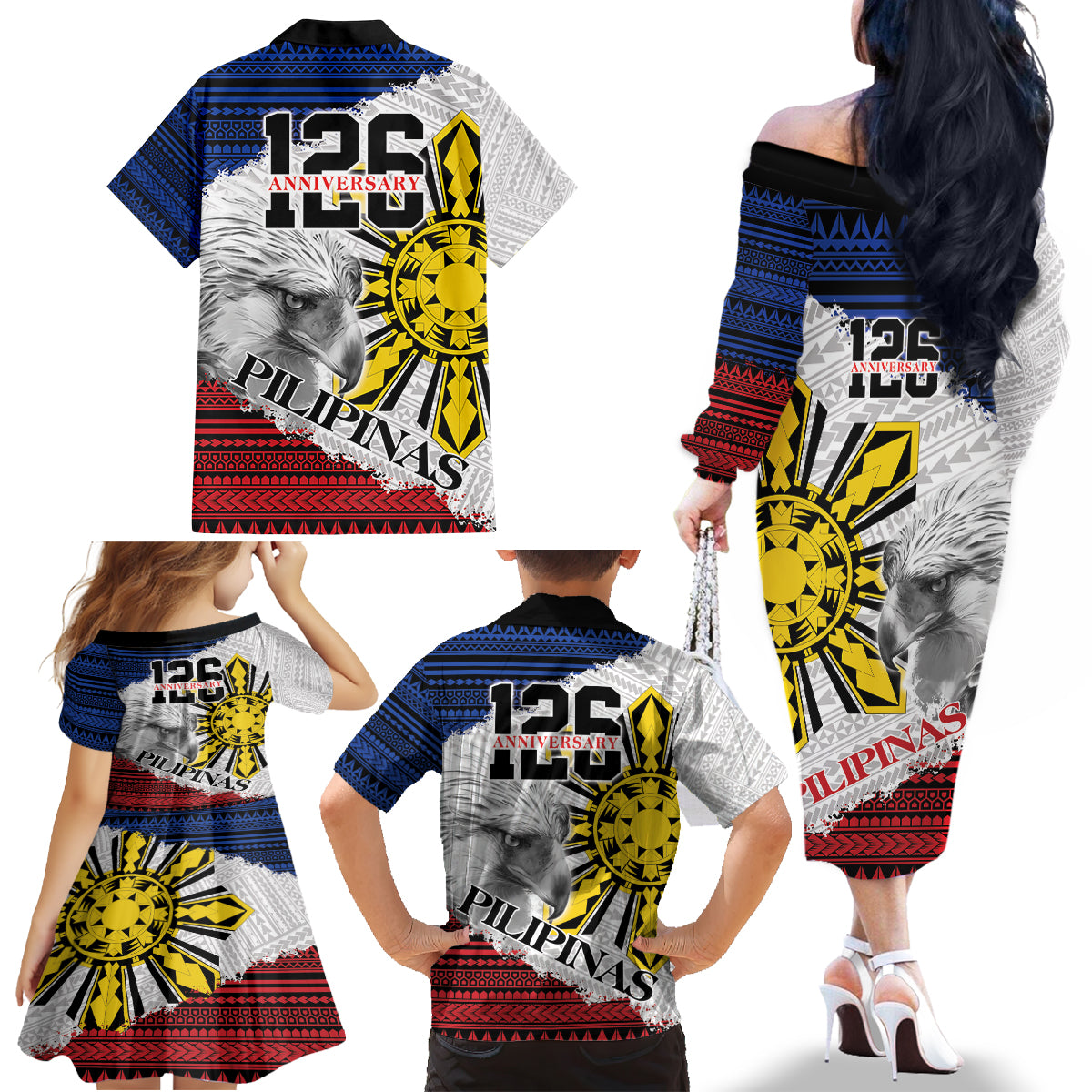 Philippines 126th Independence Day Family Matching Off The Shoulder Long Sleeve Dress and Hawaiian Shirt Pilipinas Hunyo 12 Maligayang Araw ng Kalayaan - Wonder Print Shop