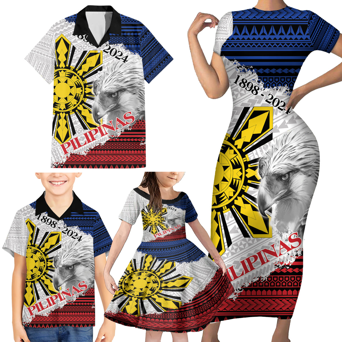 Philippines 126th Independence Day Family Matching Short Sleeve Bodycon Dress and Hawaiian Shirt Pilipinas Hunyo 12 Maligayang Araw ng Kalayaan - Wonder Print Shop