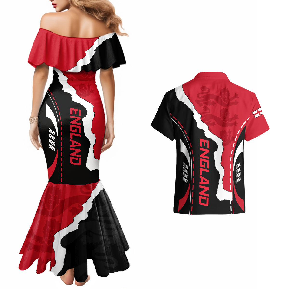 Custom England Couples Matching Mermaid Dress And Hawaiian Shirt The Three Lions Football Go Champions Red LT9 - Wonder Print Shop