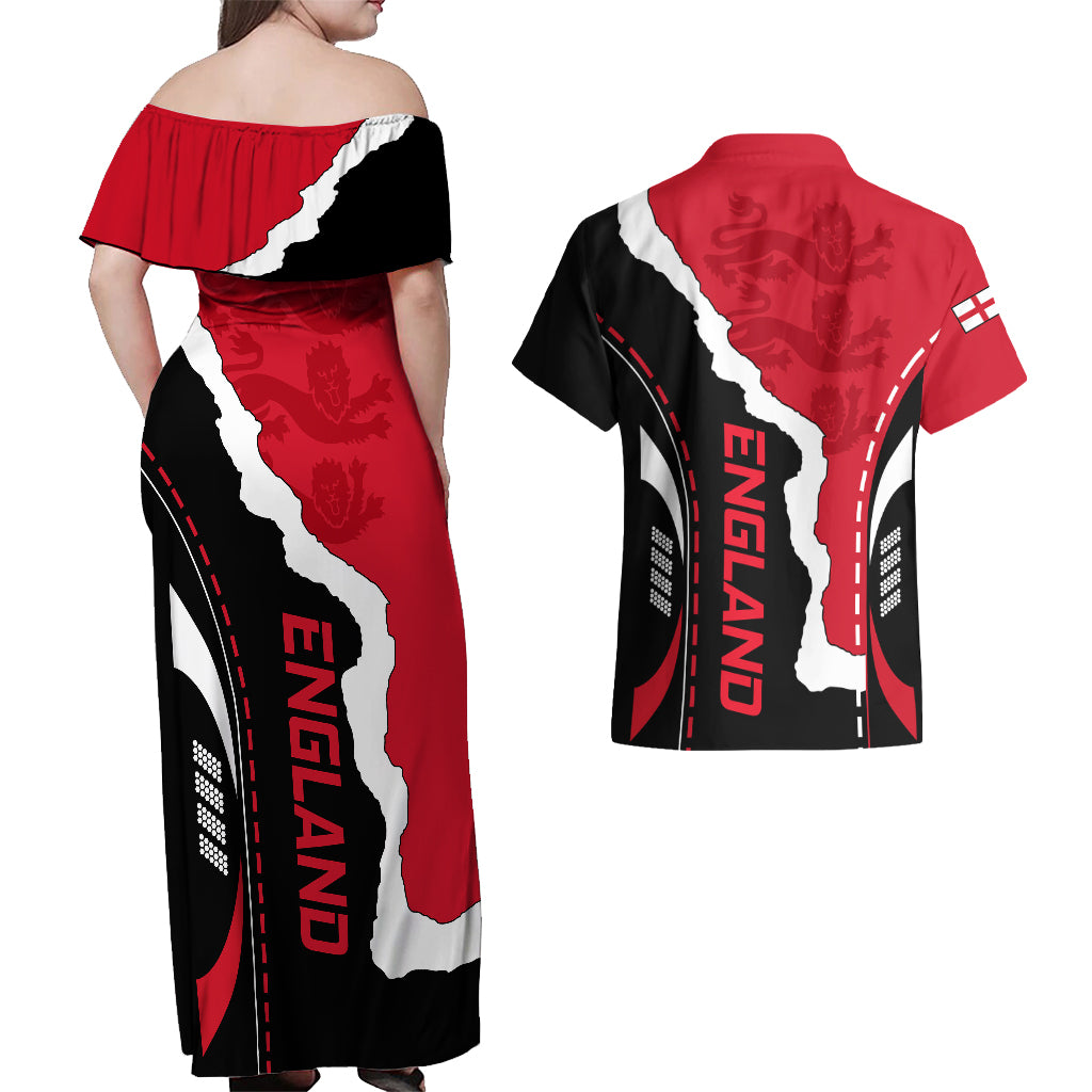 Custom England Couples Matching Off Shoulder Maxi Dress and Hawaiian Shirt The Three Lions Football Go Champions Red LT9 - Wonder Print Shop