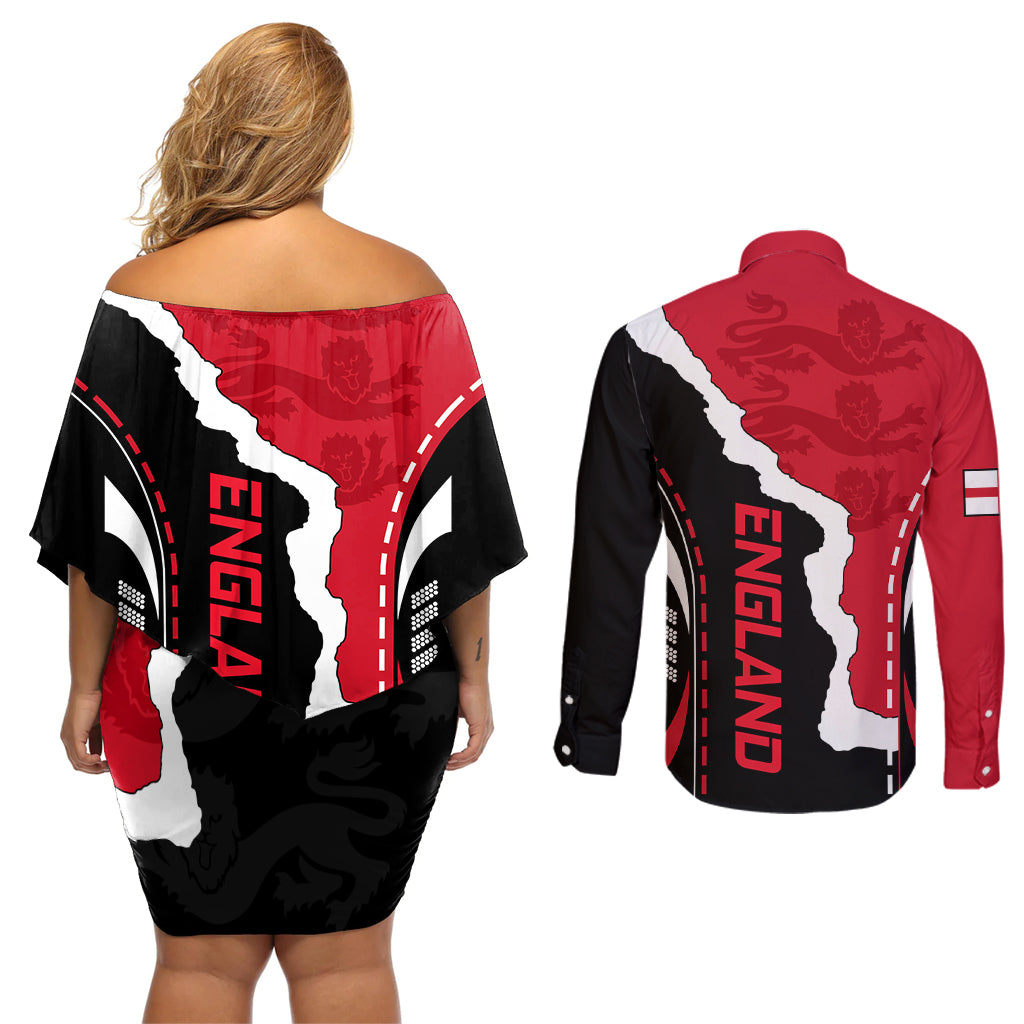 Custom England Couples Matching Off Shoulder Short Dress and Long Sleeve Button Shirts The Three Lions Football Go Champions Red LT9 - Wonder Print Shop
