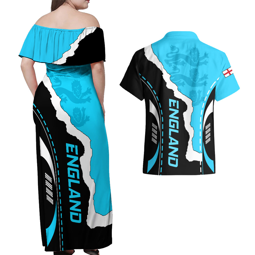 England Couples Matching Off Shoulder Maxi Dress and Hawaiian Shirt The Three Lions Football Go Champions Blue LT9 - Wonder Print Shop