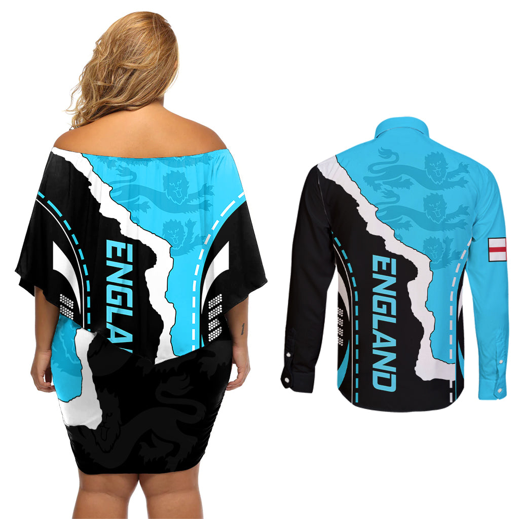 England Couples Matching Off Shoulder Short Dress and Long Sleeve Button Shirts The Three Lions Football Go Champions Blue LT9 - Wonder Print Shop