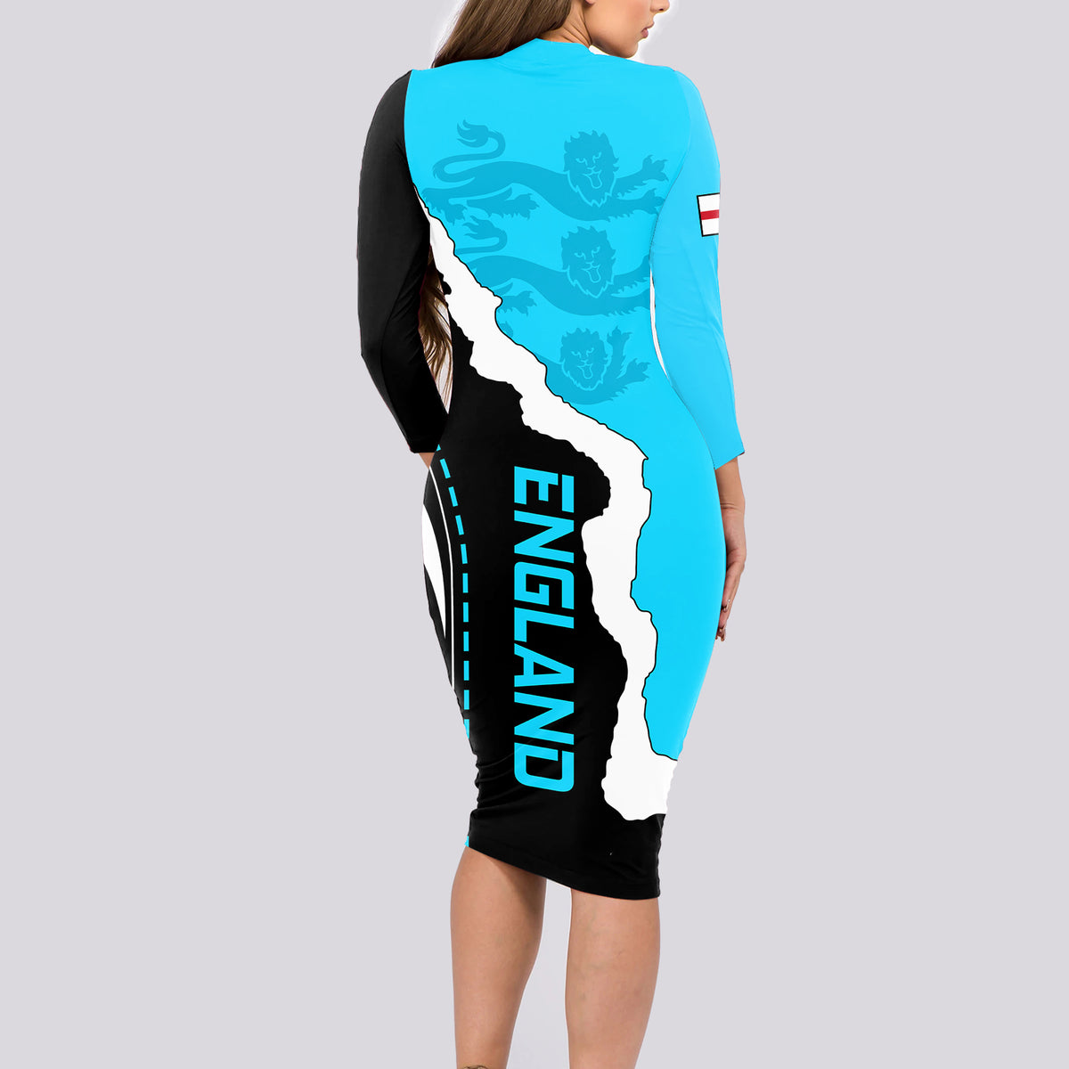 England Long Sleeve Bodycon Dress The Three Lions Football Go Champions Blue - Wonder Print Shop