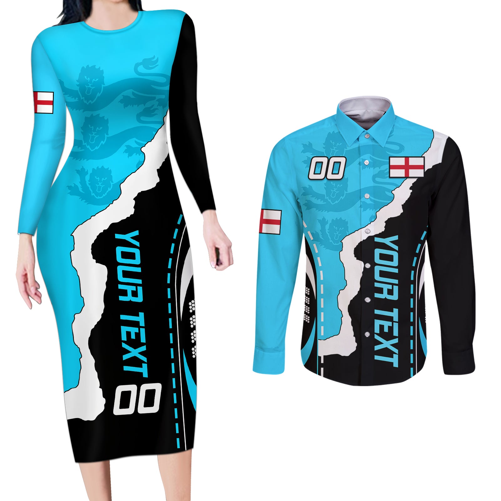 custom-england-couples-matching-long-sleeve-bodycon-dress-and-long-sleeve-button-shirts-the-three-lions-football-go-champions-blue