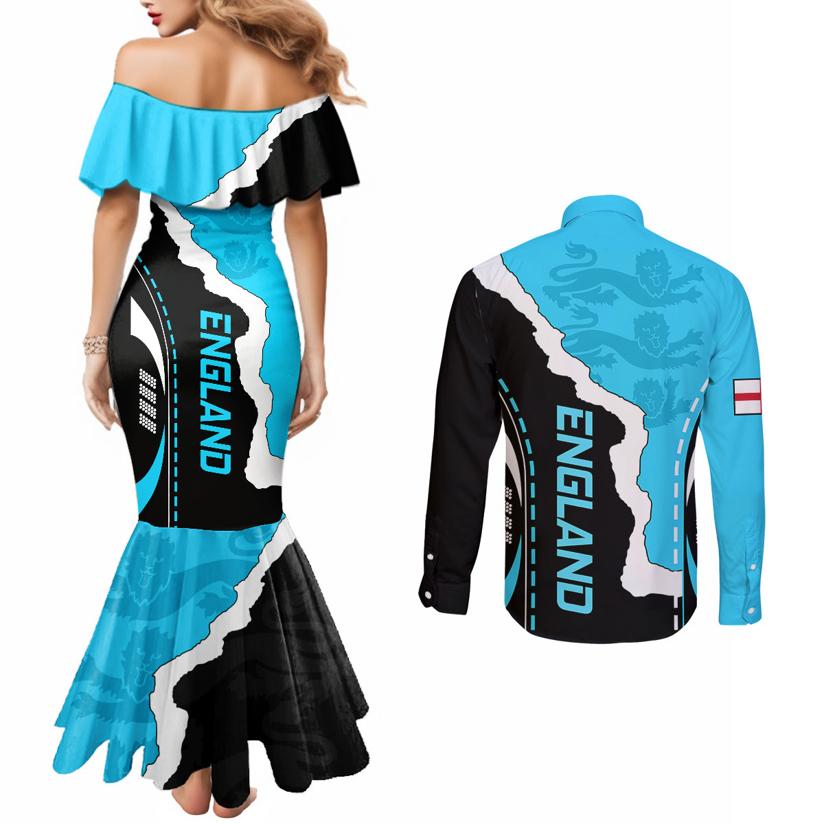 custom-england-couples-matching-mermaid-dress-and-long-sleeve-button-shirts-the-three-lions-football-go-champions-blue