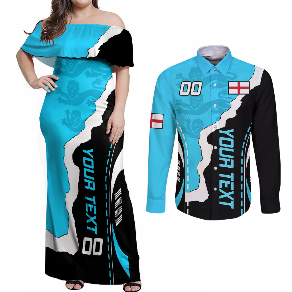 Custom England Couples Matching Off Shoulder Maxi Dress and Long Sleeve Button Shirts The Three Lions Football Go Champions Blue LT9 - Wonder Print Shop