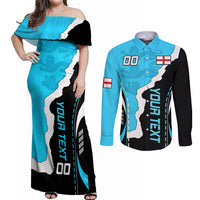 Custom England Couples Matching Off Shoulder Maxi Dress and Long Sleeve Button Shirts The Three Lions Football Go Champions Blue LT9 - Wonder Print Shop