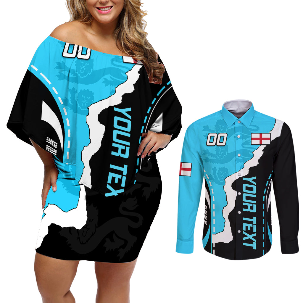 Custom England Couples Matching Off Shoulder Short Dress and Long Sleeve Button Shirts The Three Lions Football Go Champions Blue LT9 - Wonder Print Shop