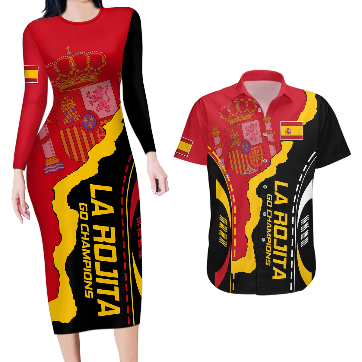 Spain Couples Matching Long Sleeve Bodycon Dress and Hawaiian Shirt La Rojita Football Go Champions LT9 - Wonder Print Shop
