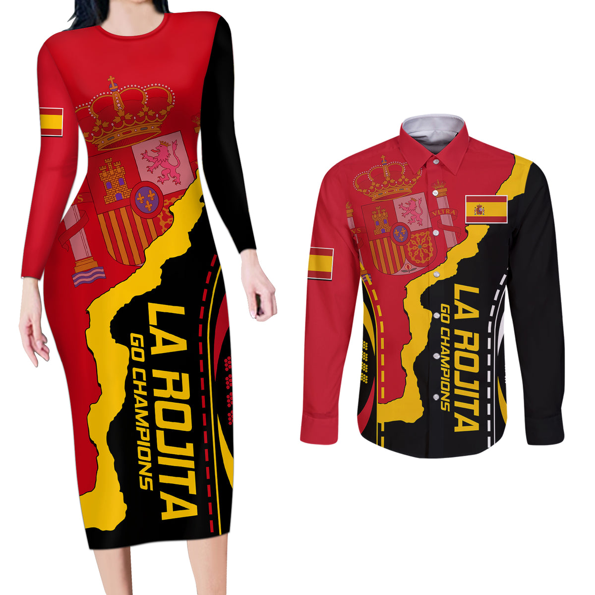 Spain Couples Matching Long Sleeve Bodycon Dress and Long Sleeve Button Shirts La Rojita Football Go Champions LT9 - Wonder Print Shop