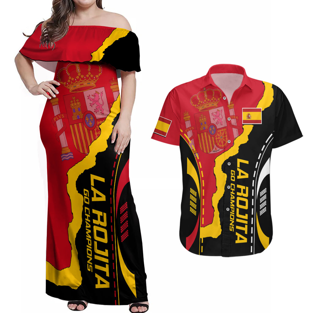 Spain Couples Matching Off Shoulder Maxi Dress and Hawaiian Shirt La Rojita Football Go Champions LT9 - Wonder Print Shop