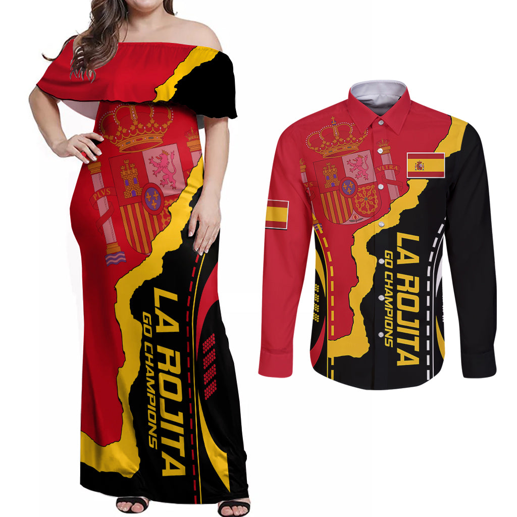 Spain Couples Matching Off Shoulder Maxi Dress and Long Sleeve Button Shirts La Rojita Football Go Champions LT9 - Wonder Print Shop