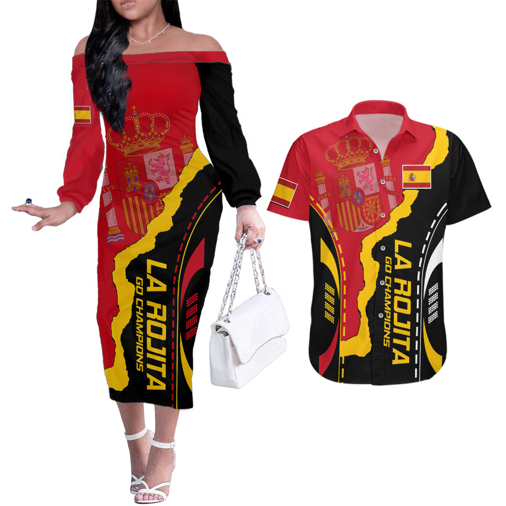 Spain Couples Matching Off The Shoulder Long Sleeve Dress and Hawaiian Shirt La Rojita Football Go Champions LT9 - Wonder Print Shop
