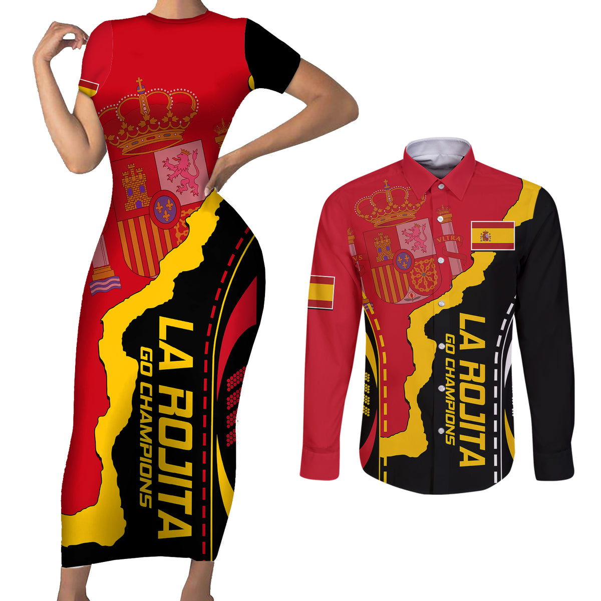 Spain Couples Matching Short Sleeve Bodycon Dress and Long Sleeve Button Shirts La Rojita Football Go Champions LT9 - Wonder Print Shop