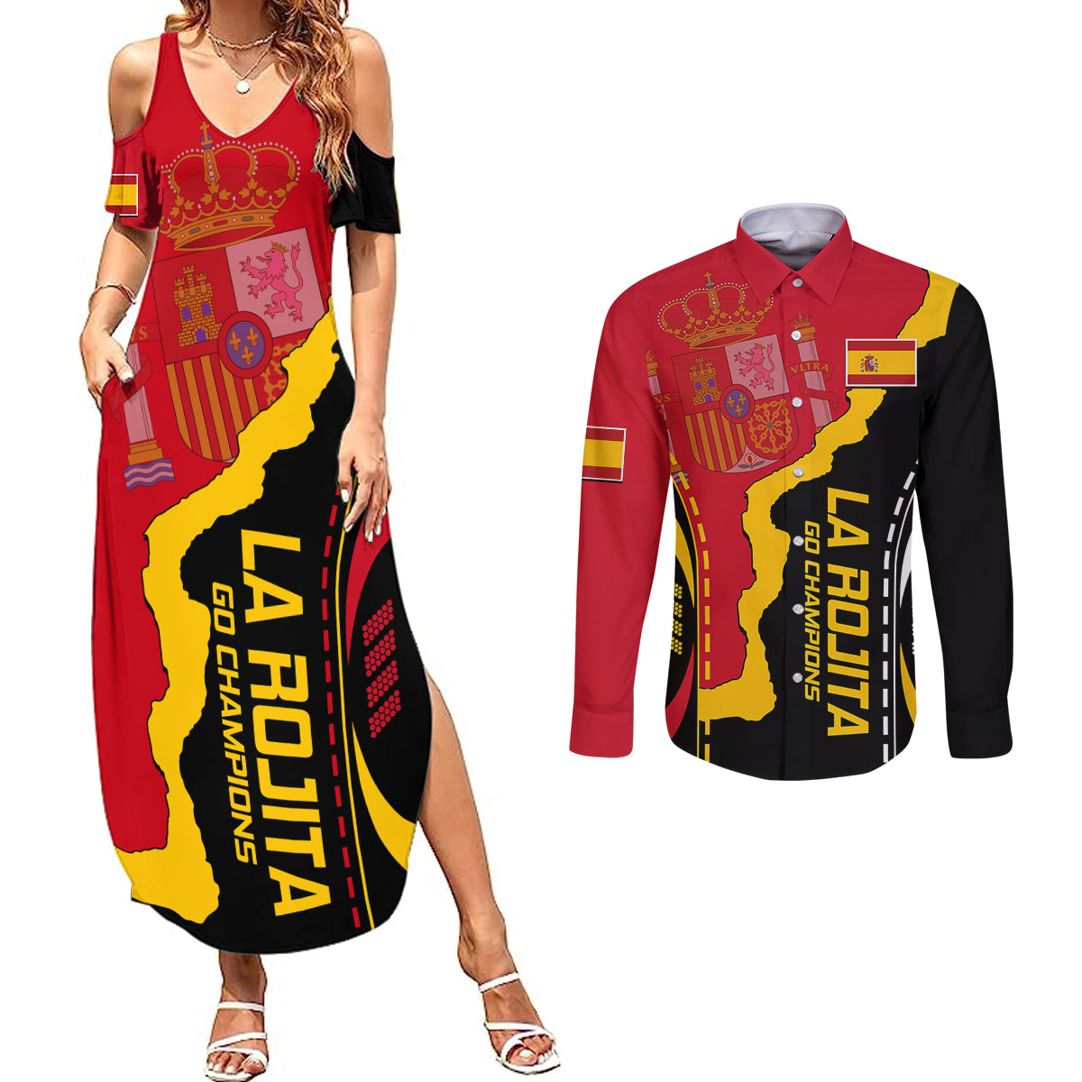Spain Couples Matching Summer Maxi Dress and Long Sleeve Button Shirts La Rojita Football Go Champions LT9 - Wonder Print Shop