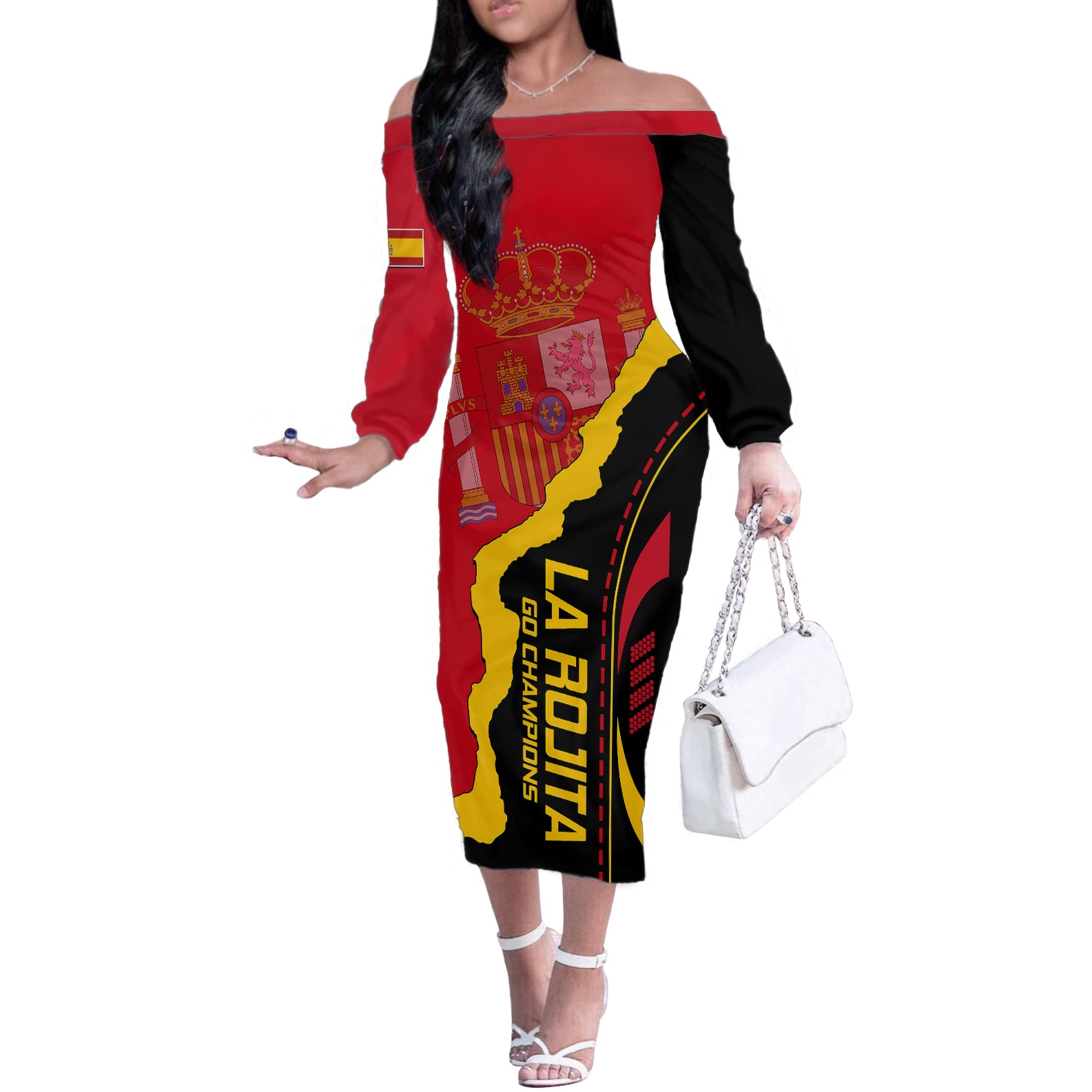 Spain Off The Shoulder Long Sleeve Dress La Rojita Football Go Champions - Wonder Print Shop